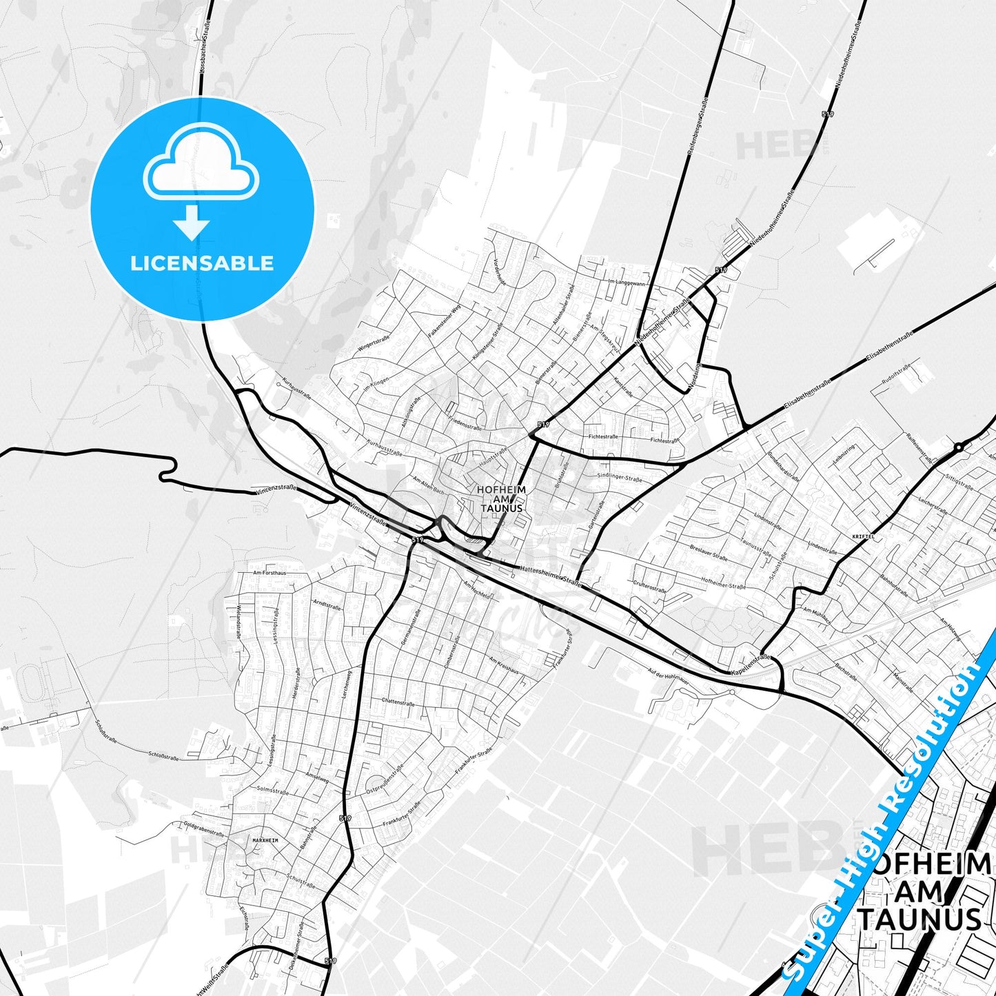 Hofheim am Taunus, Germany Light Map with Street Names, City Names, and Districts