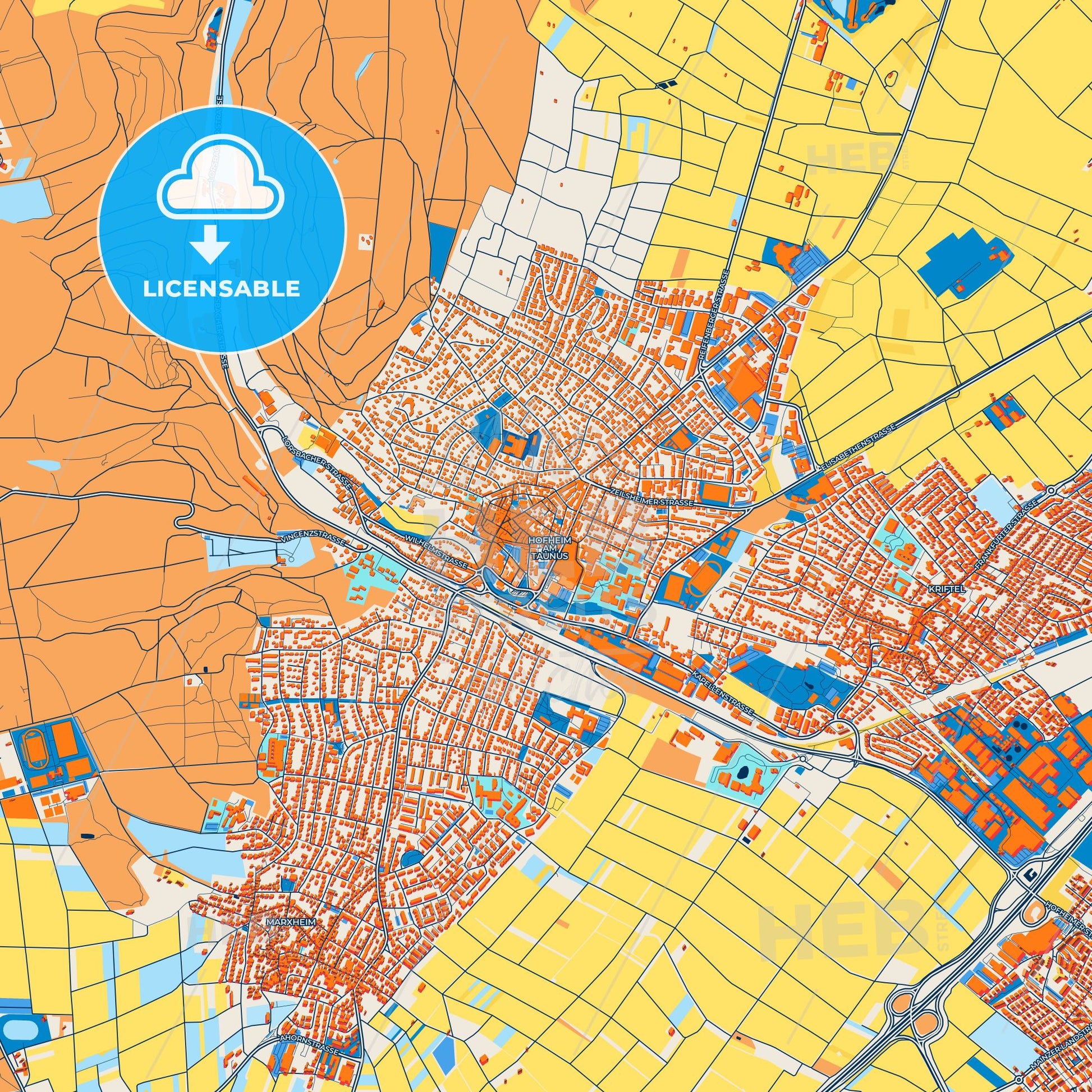 Colorful Hofheim am Taunus Street Map with Labels and Buildings
