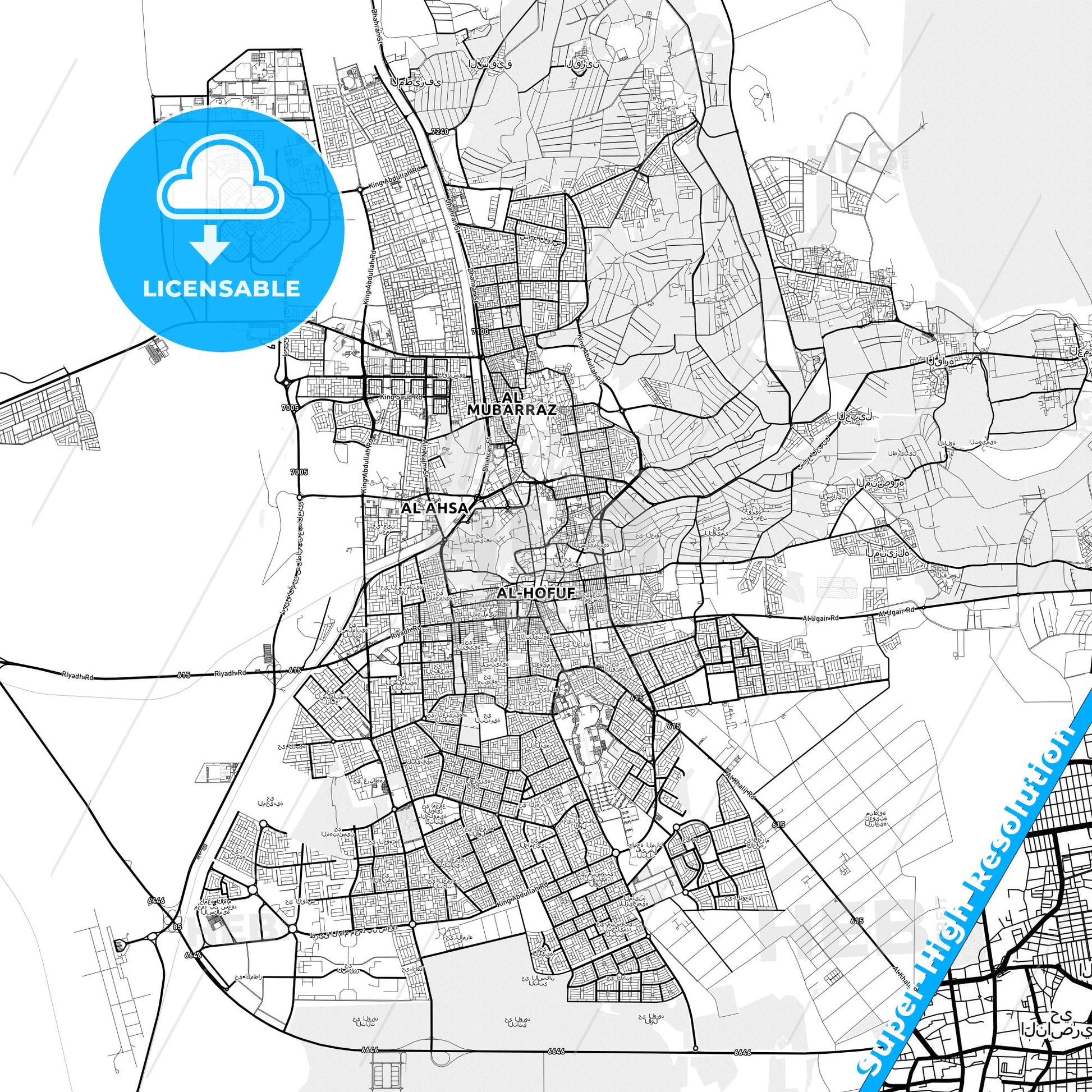 Hofuf, Saudi Arabia light map with streetnames, citynames and districts