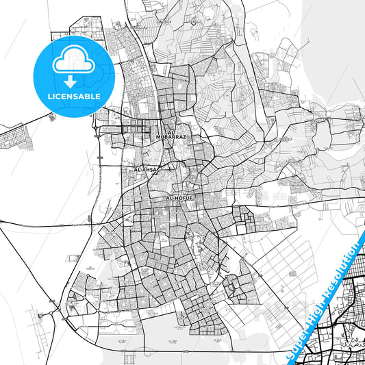 Hofuf, Saudi Arabia light map with streetnames, citynames and districts