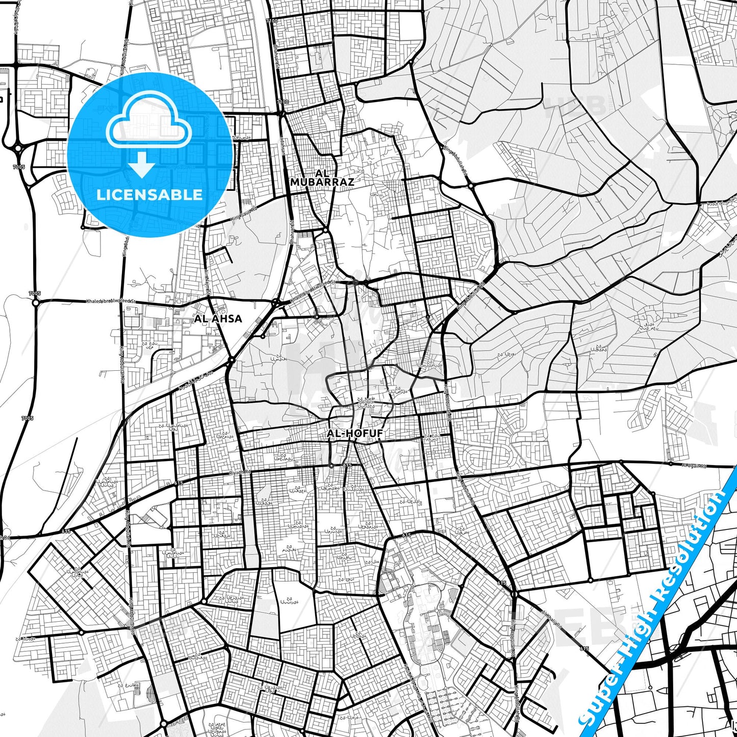 Hofuf, Saudi Arabia Light Map with Street Names, City Names, and Districts