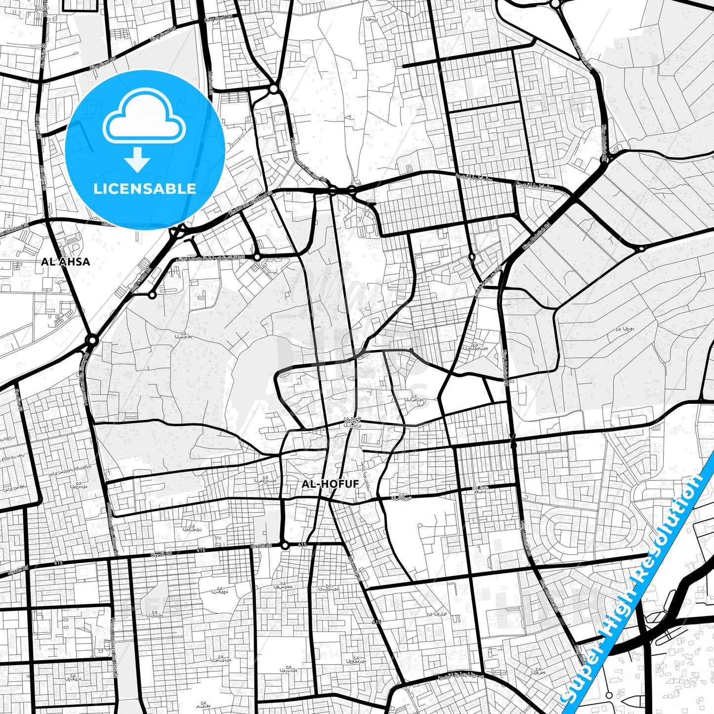 Hofuf, Saudi Arabia Light Map with Street Names, City Names, and Districts