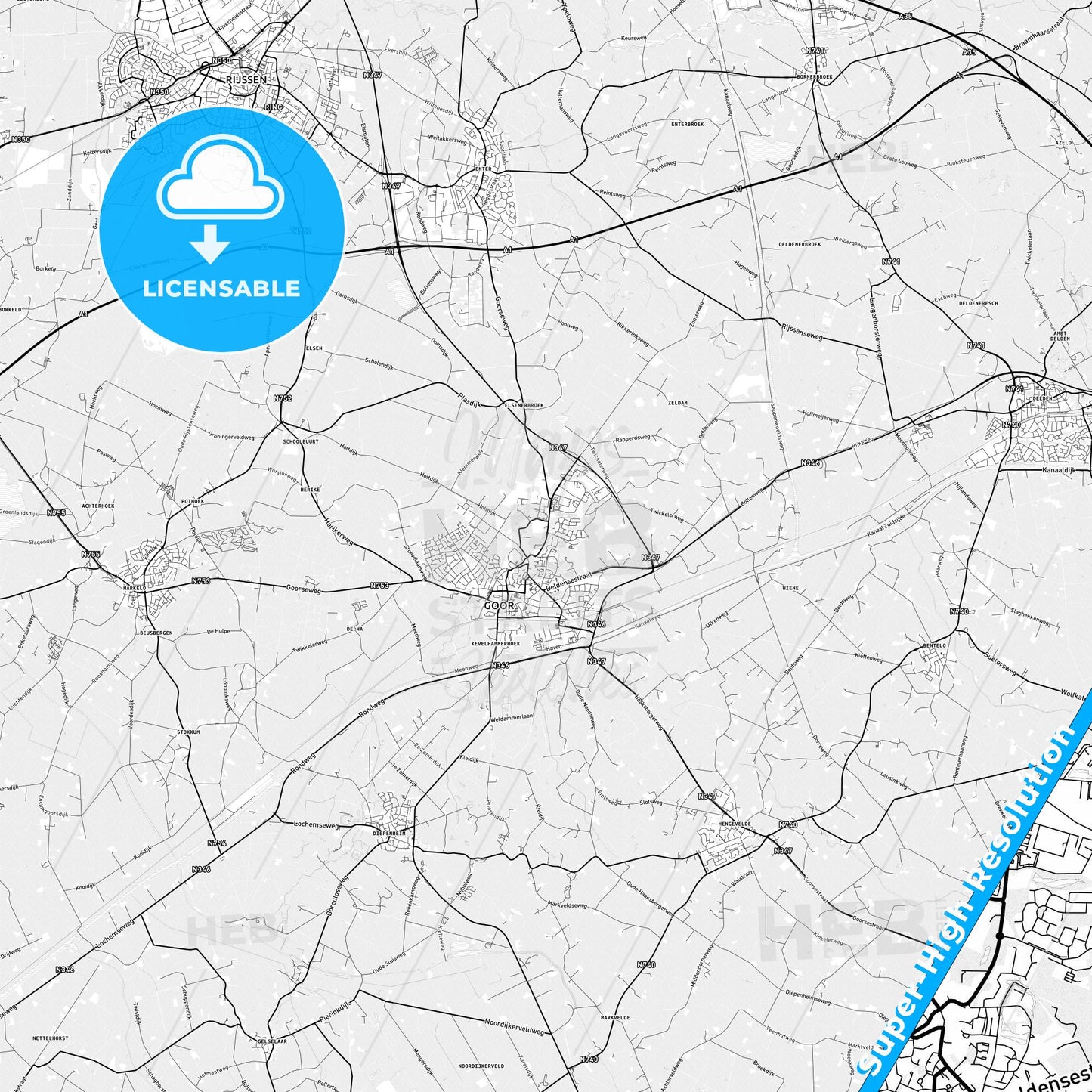 Hof van Twente, Netherlands light map with streetnames, citynames and districts