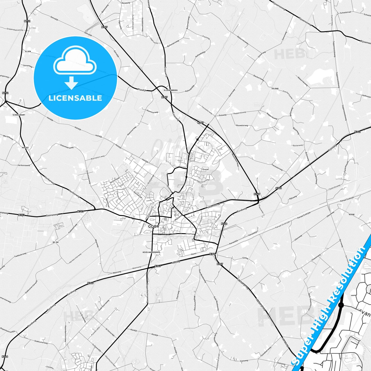 Hof van Twente, Netherlands Light Map with Street Names, City Names, and Districts