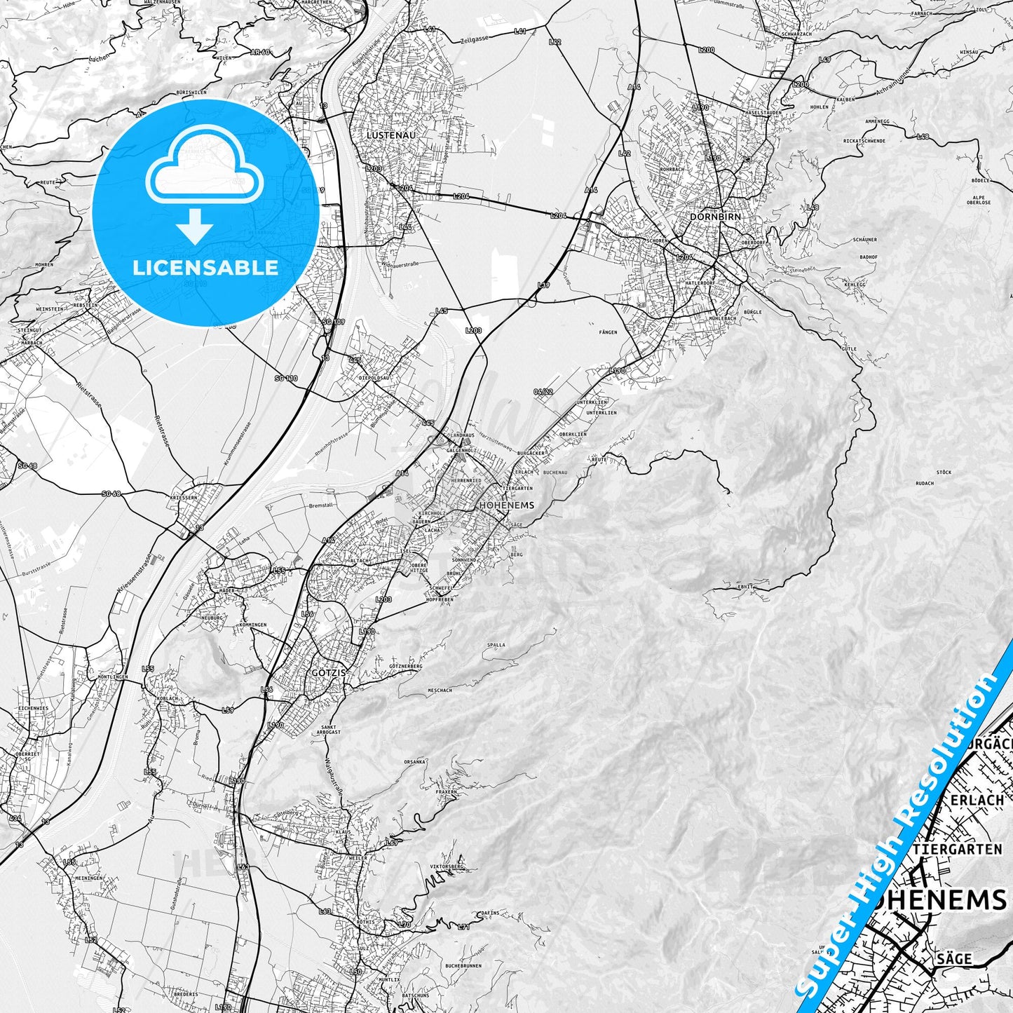 Hohenems, Austria light map with streetnames, citynames and districts