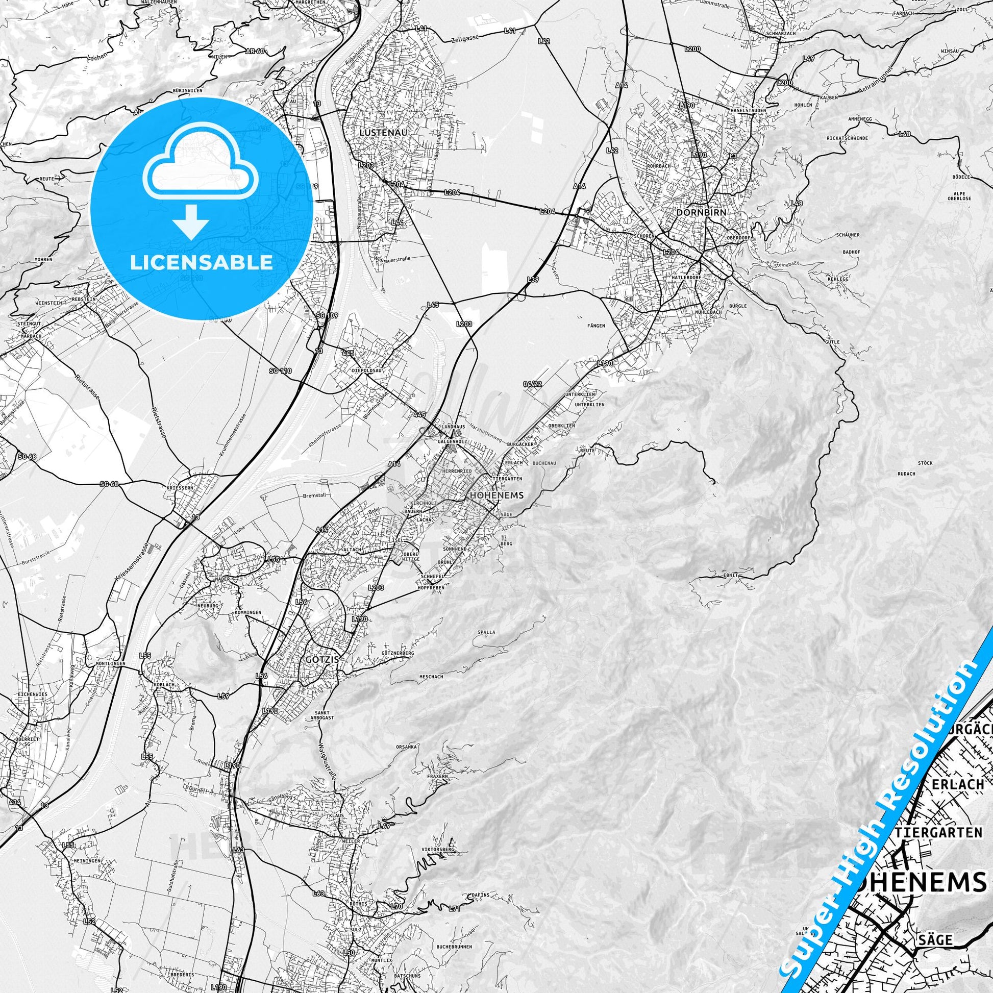 Hohenems, Austria light map with streetnames, citynames and districts