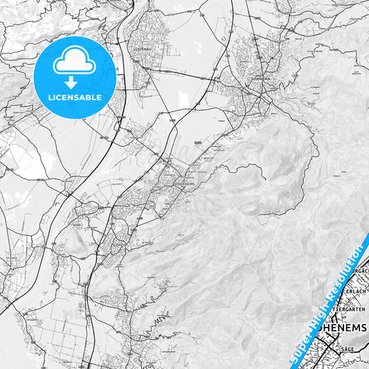 Hohenems, Austria light map with streetnames, citynames and districts