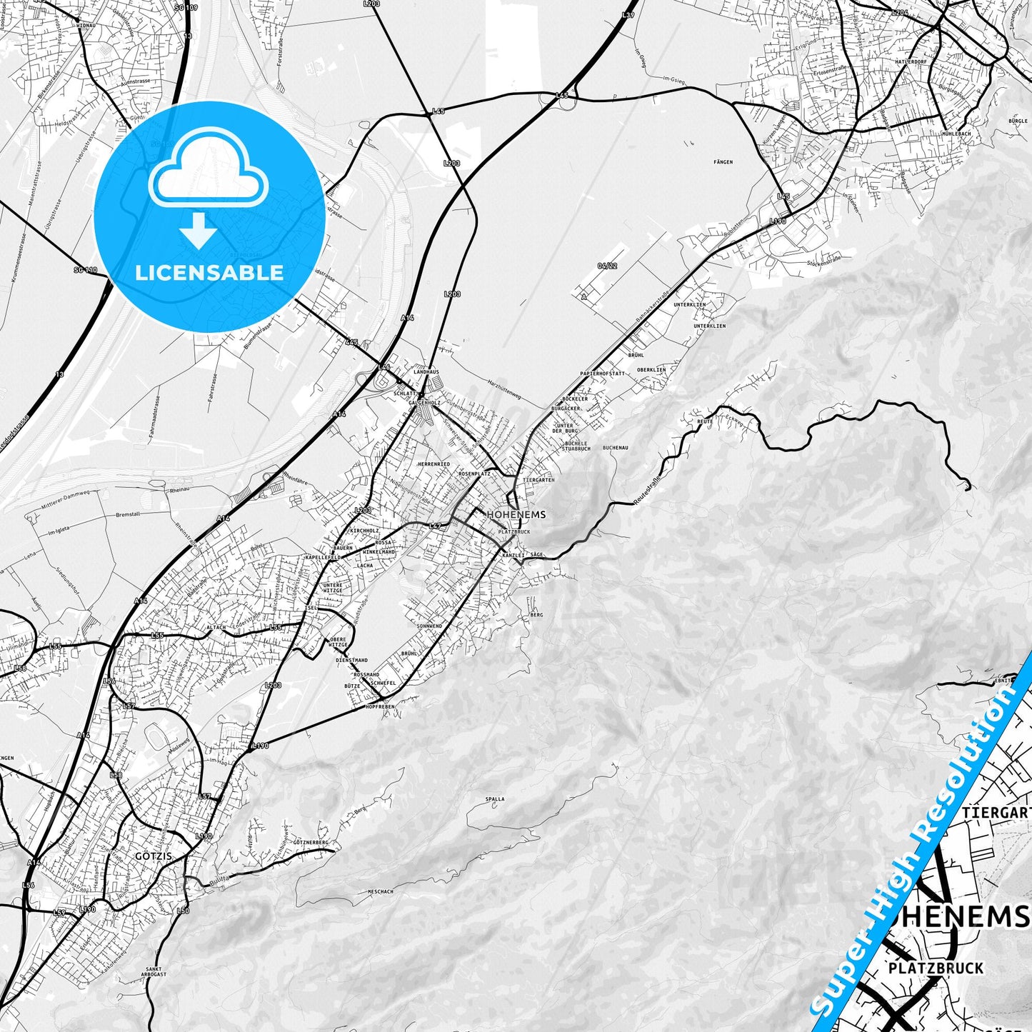 Hohenems, Austria Light Map with Street Names, City Names, and Districts
