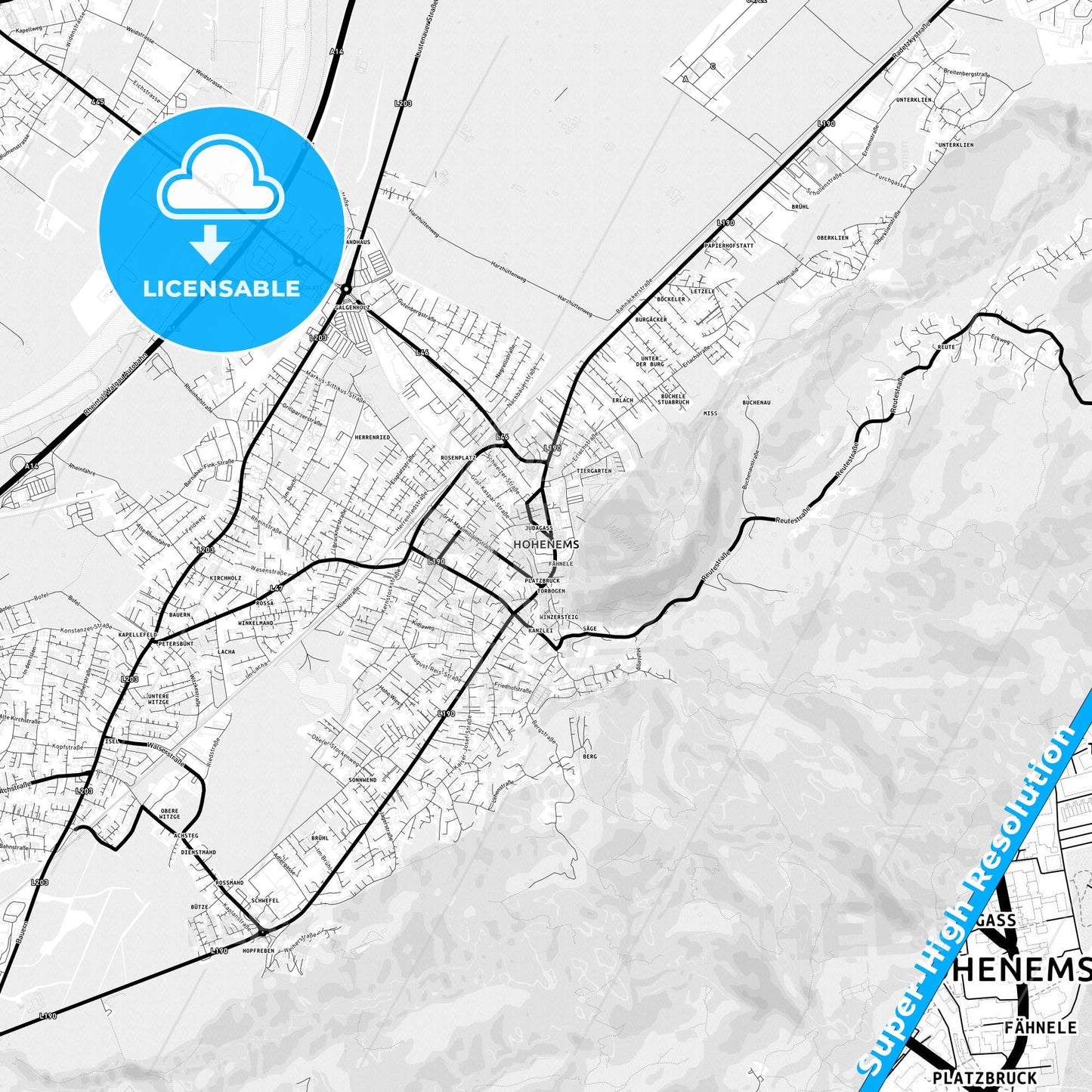 Hohenems, Austria Light Map with Street Names, City Names, and Districts