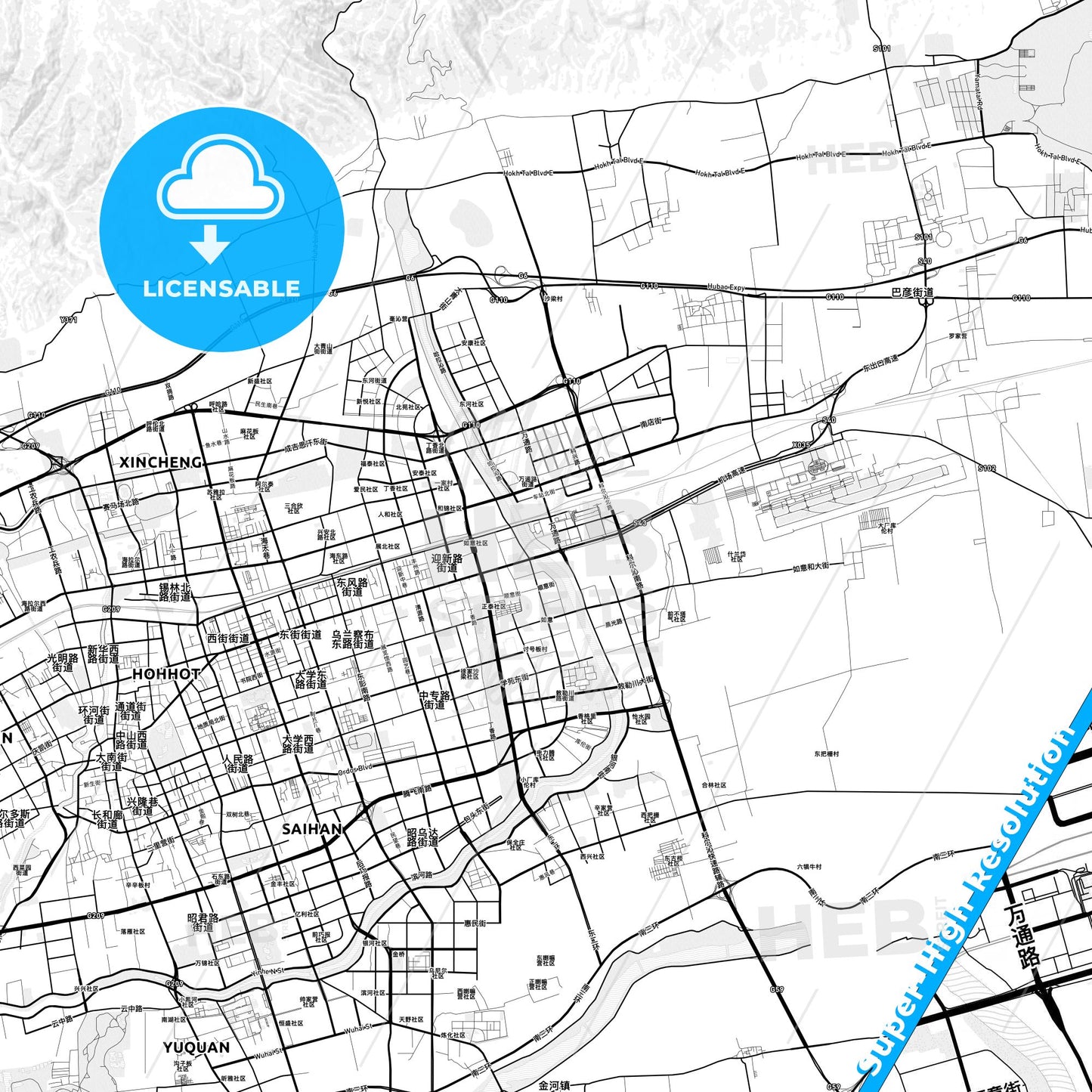 Hohhot, China light map with streetnames, citynames and districts