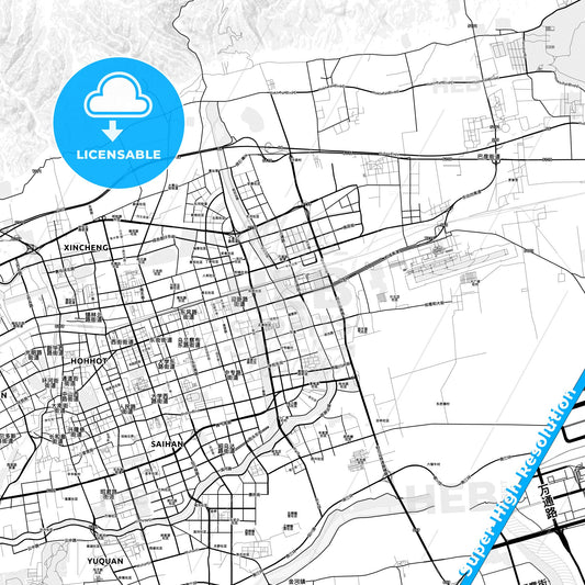 Hohhot, China light map with streetnames, citynames and districts