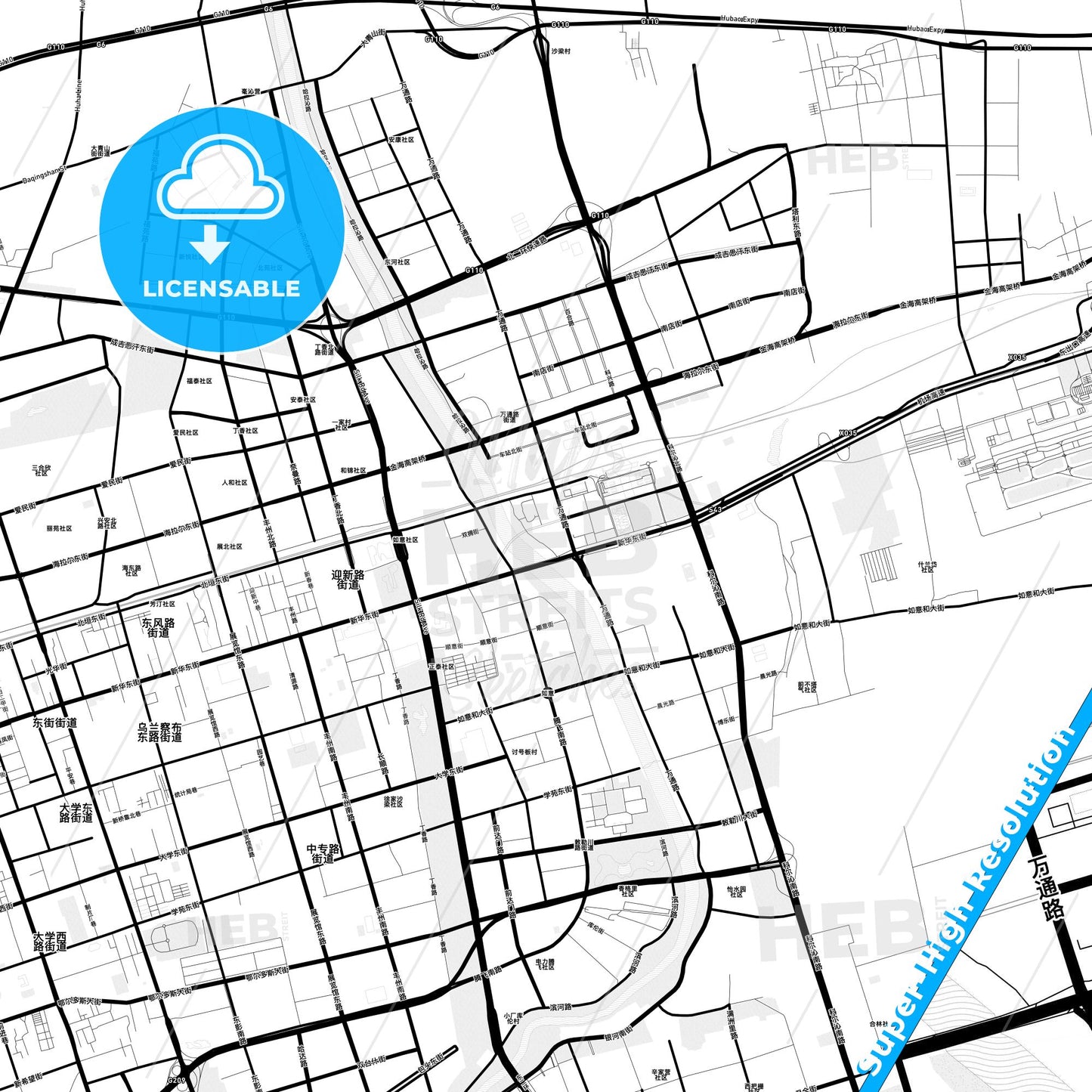 Hohhot, China Light Map with Street Names, City Names, and Districts