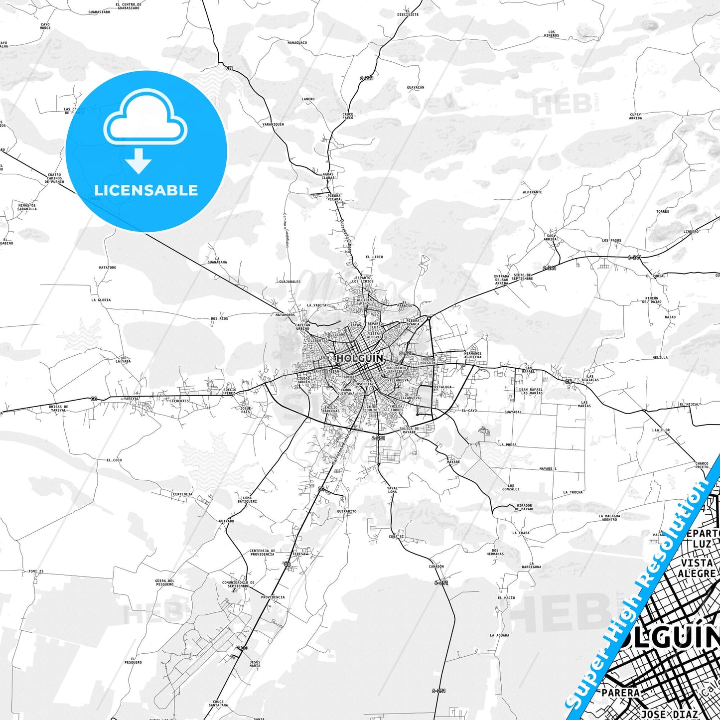 Holguín, Cuba light map with streetnames, citynames and districts