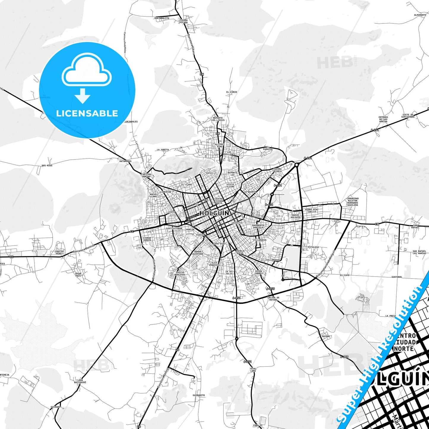 Holguín, Cuba Light Map with Street Names, City Names, and Districts