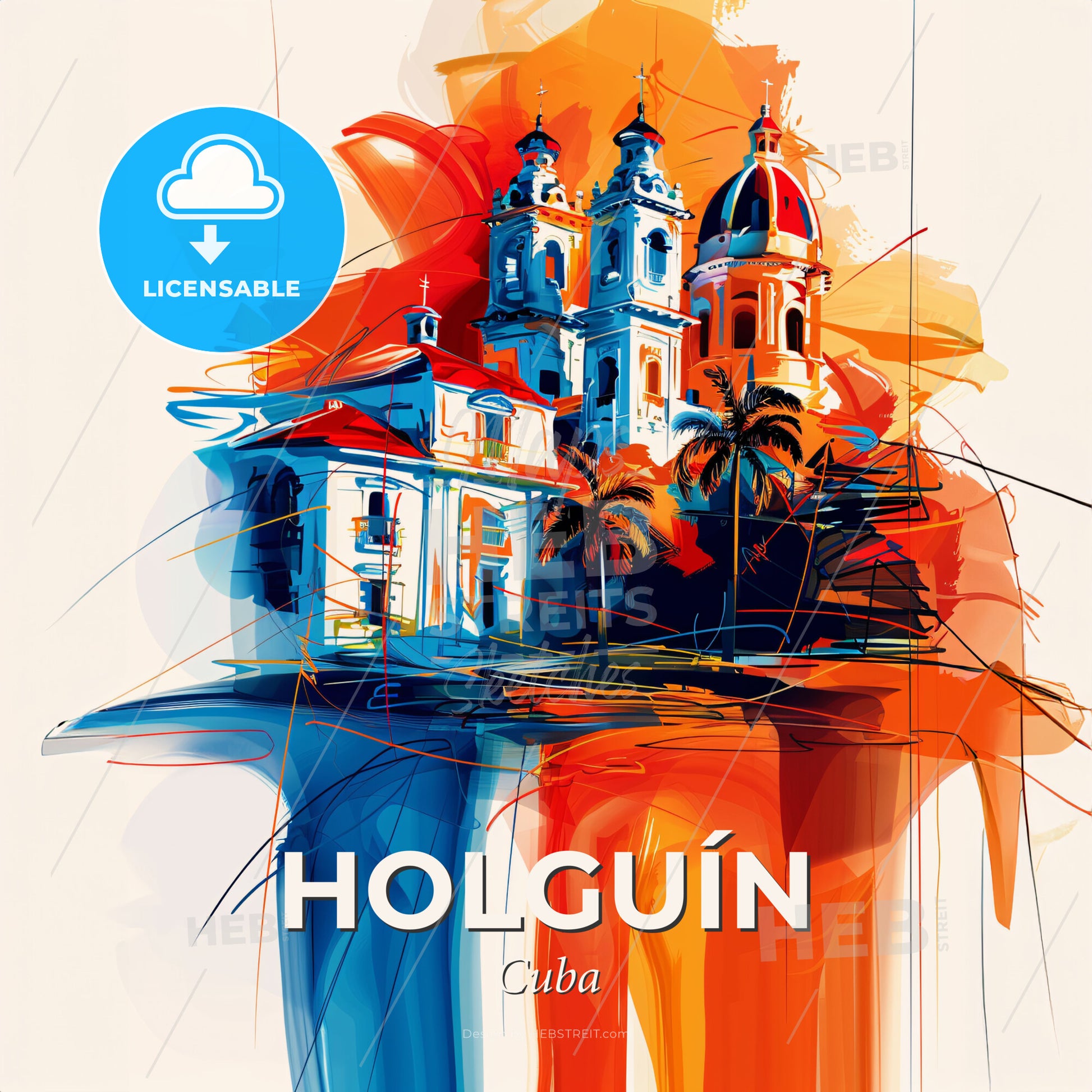 Vibrant Holguín, Cuba - A Painting Of A Building With Palm Trees - Square format print template