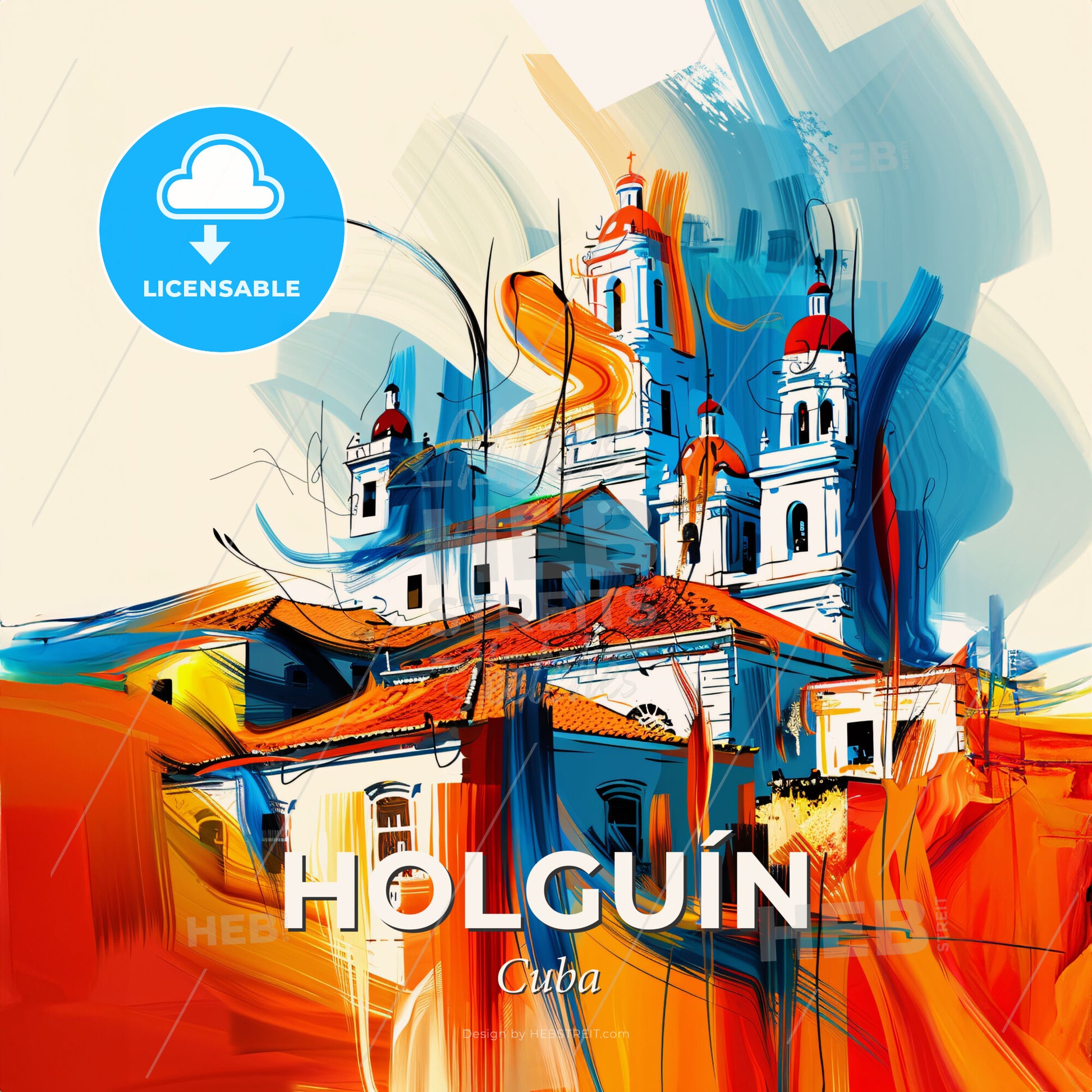 Vibrant Holguín, Cuba - A Painting Of A Skyline With A Colorful Building - Square format print template