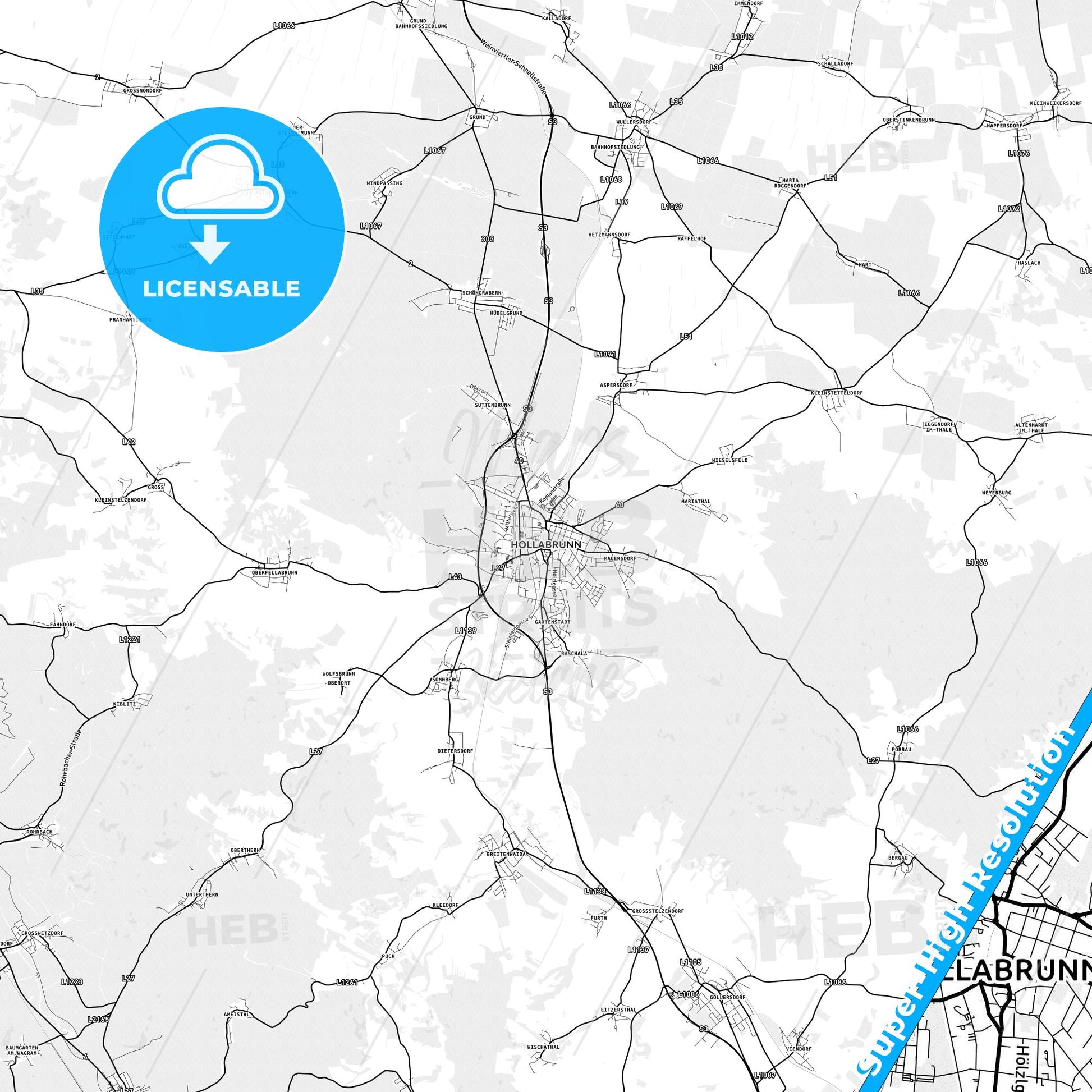 Hollabrunn, Austria light map with streetnames, citynames and districts
