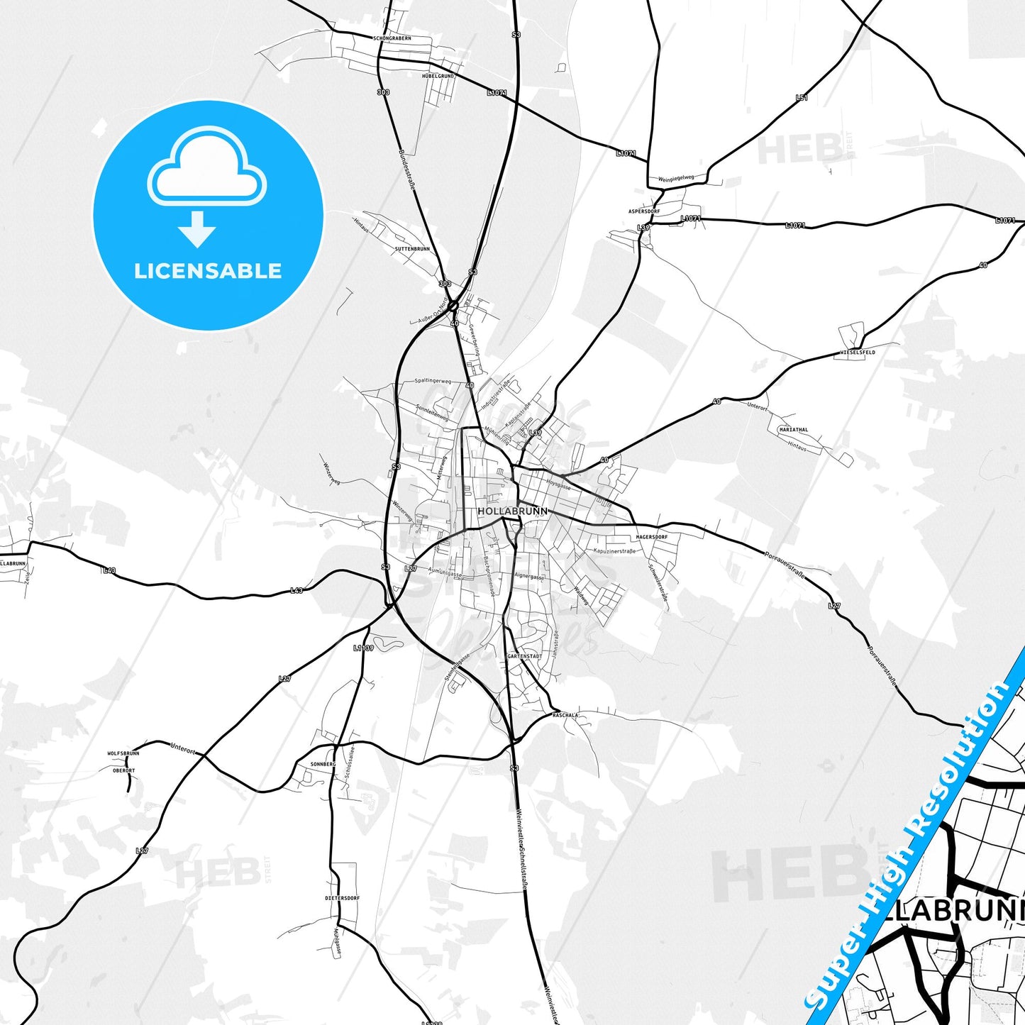 Hollabrunn, Austria Light Map with Street Names, City Names, and Districts