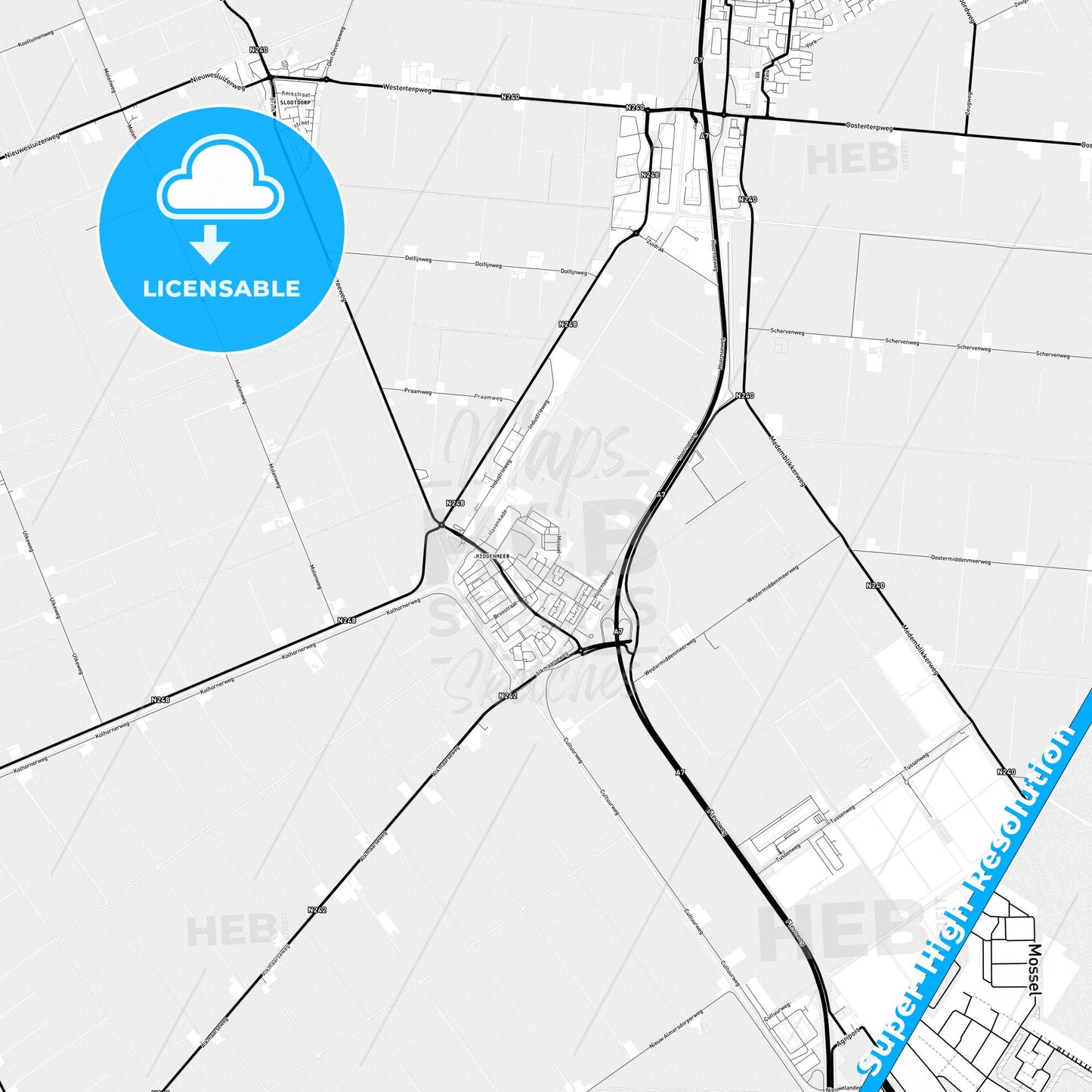 Hollands Kroon, Netherlands Light Map with Street Names, City Names, and Districts