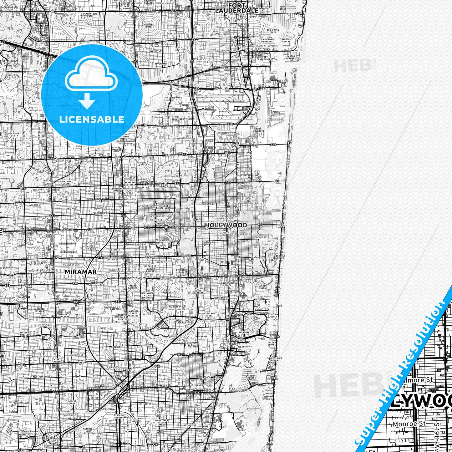 Hollywood, Florida light map with streetnames, citynames and districts