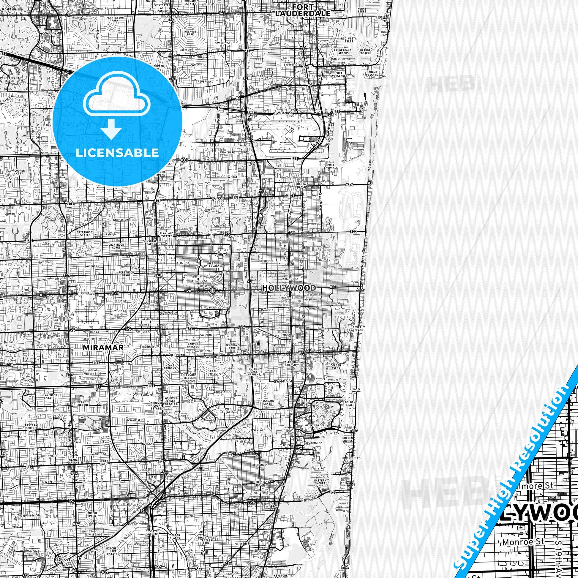 Hollywood, Florida light map with streetnames, citynames and districts