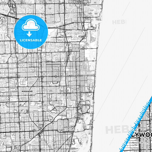 Hollywood, Florida light map with streetnames, citynames and districts
