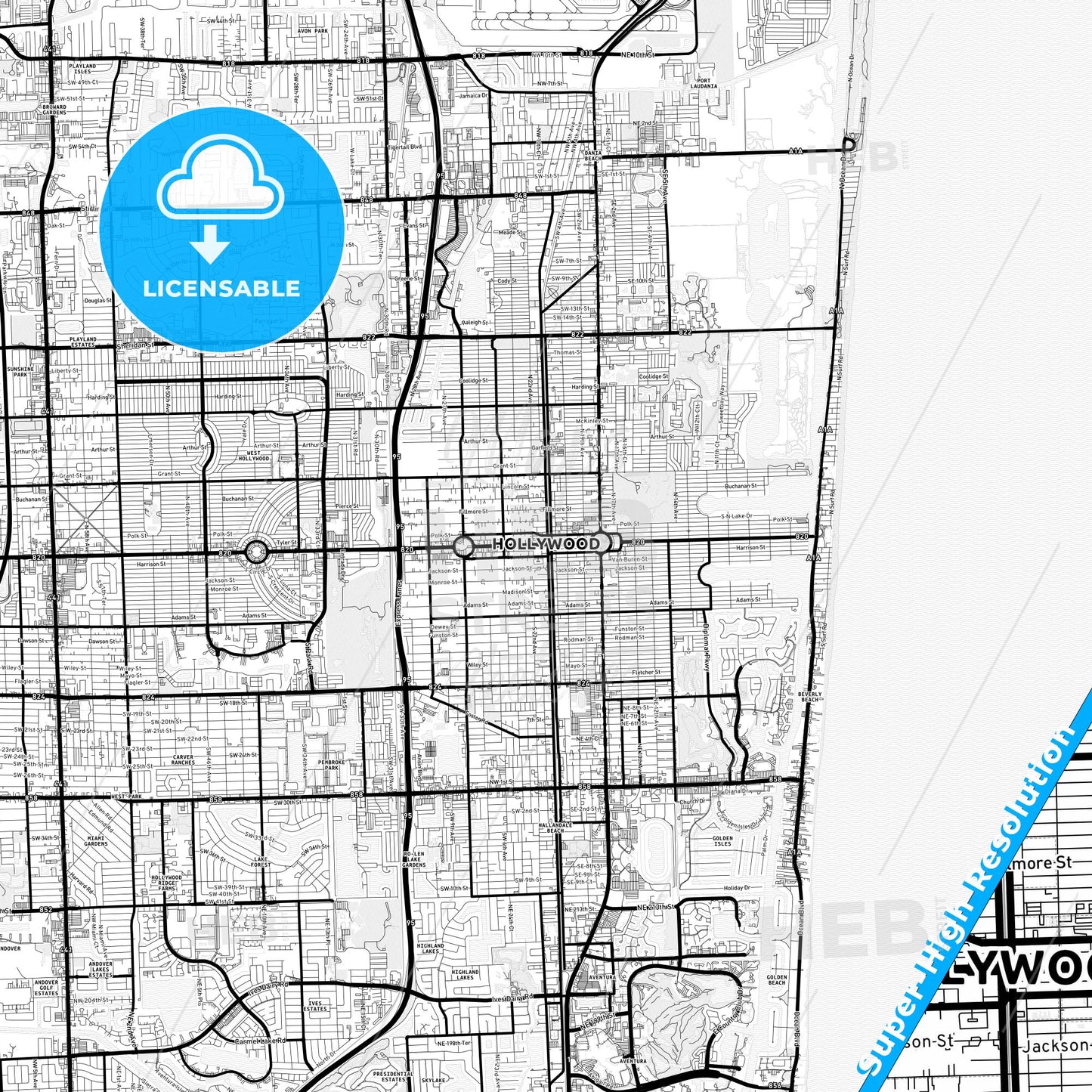 Hollywood, Florida Light Map with Street Names, City Names, and Districts