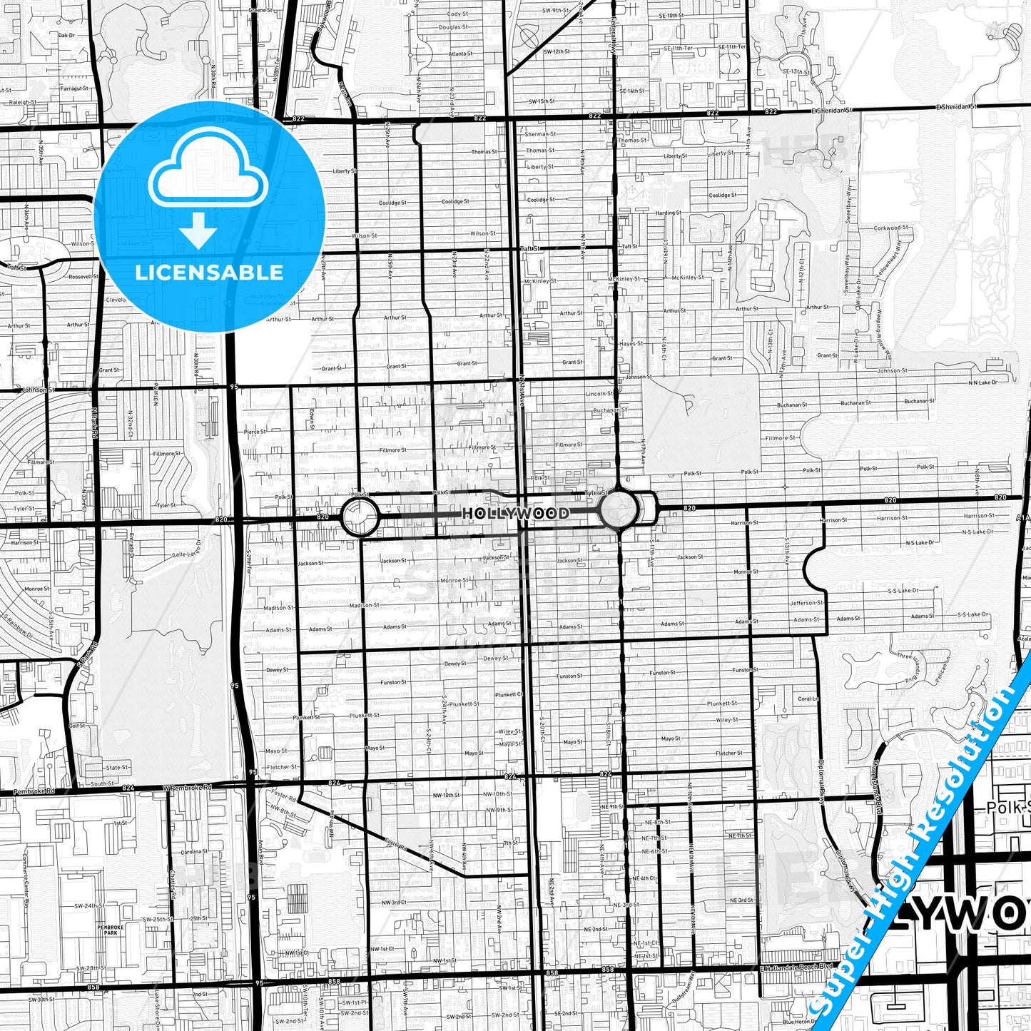 Hollywood, Florida Light Map with Street Names, City Names, and Districts