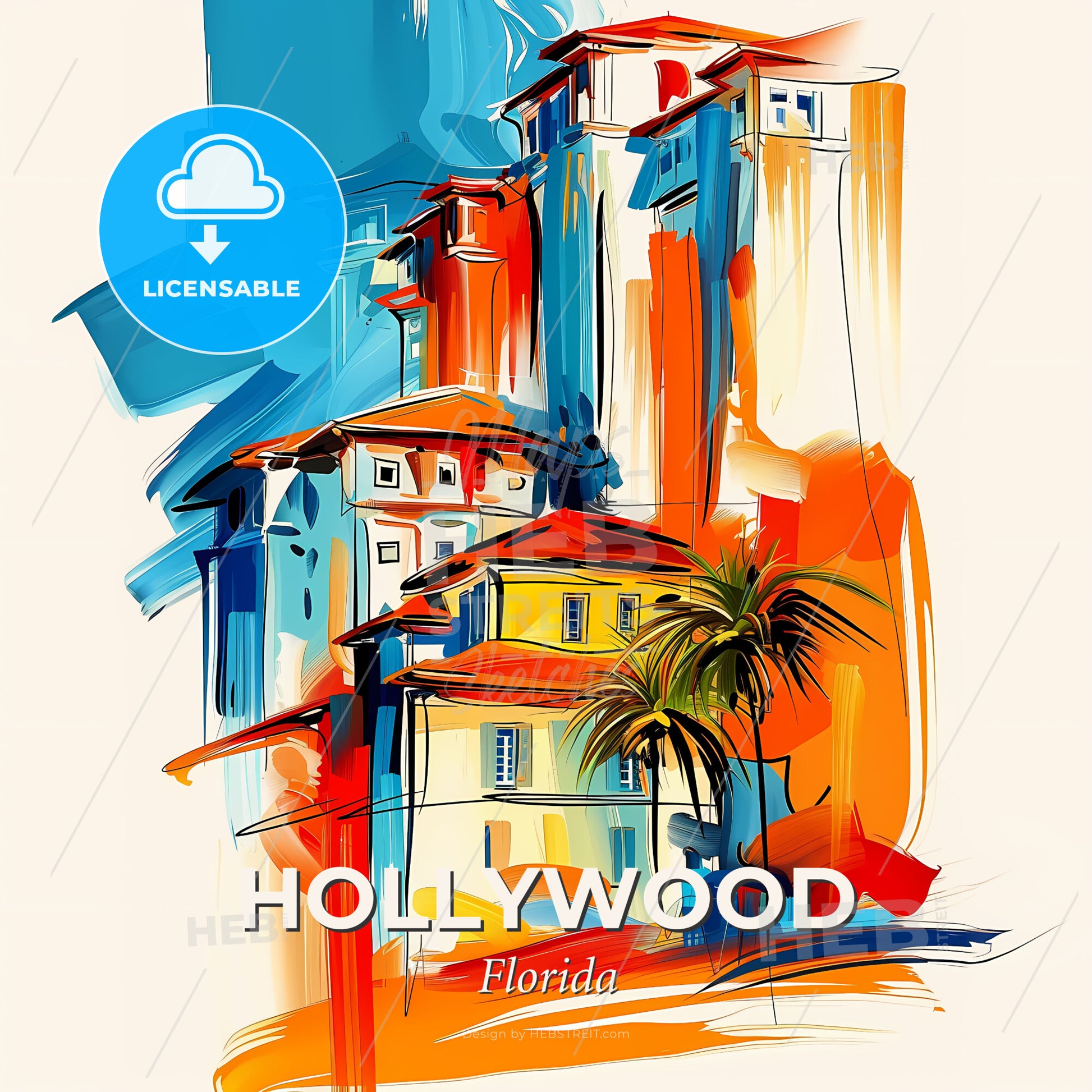 Vibrant Hollywood, Florida - A Painting Of Buildings And Palm Trees - Square format print template