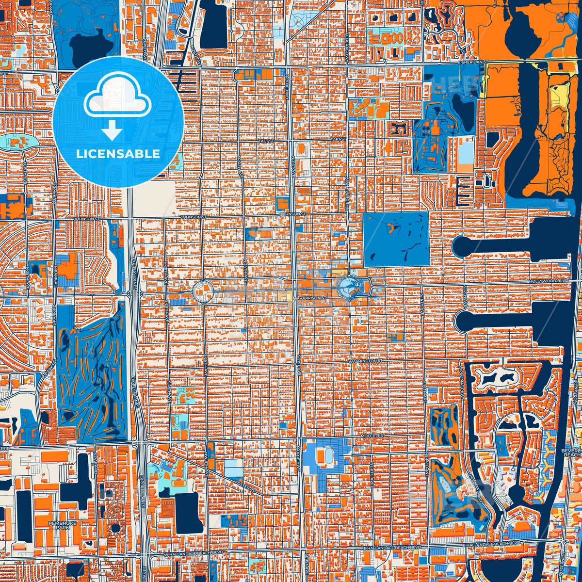 Colorful Hollywood Street Map with Labels and Buildings