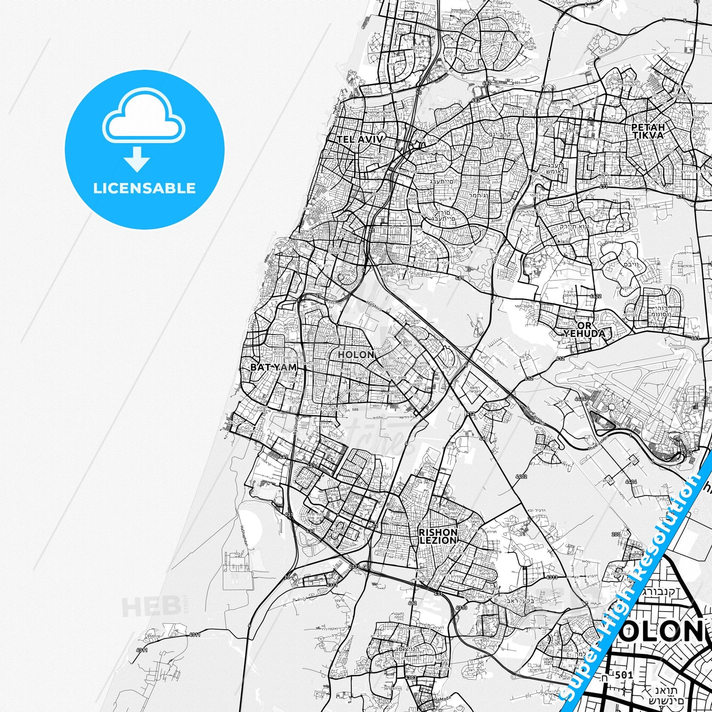 Holon, Israel light map with streetnames, citynames and districts