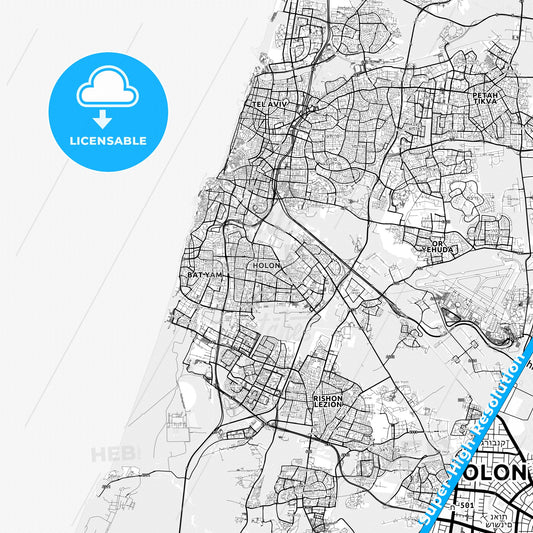 Holon, Israel light map with streetnames, citynames and districts