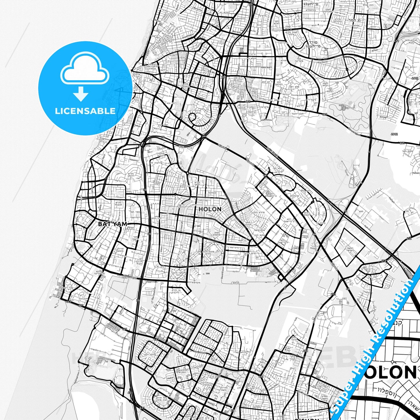 Holon, Israel Light Map with Street Names, City Names, and Districts