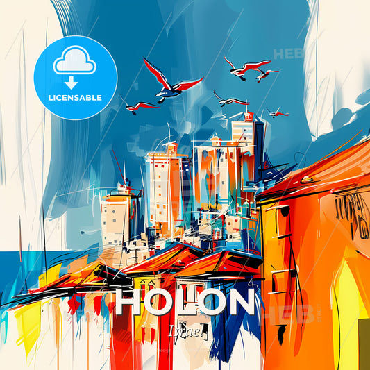 Vibrant Holon, Israel - A Painting Of A City With Birds Flying Over It - Square format print template