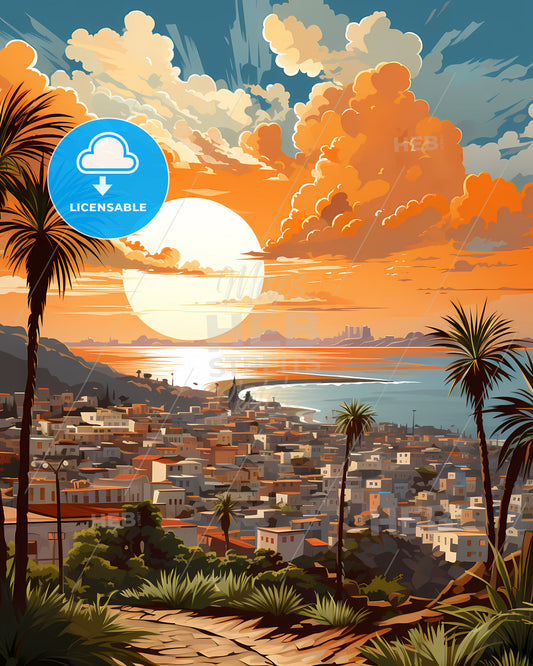 Vibrant Sunset Cityscape Painting: Holon Skyline Art