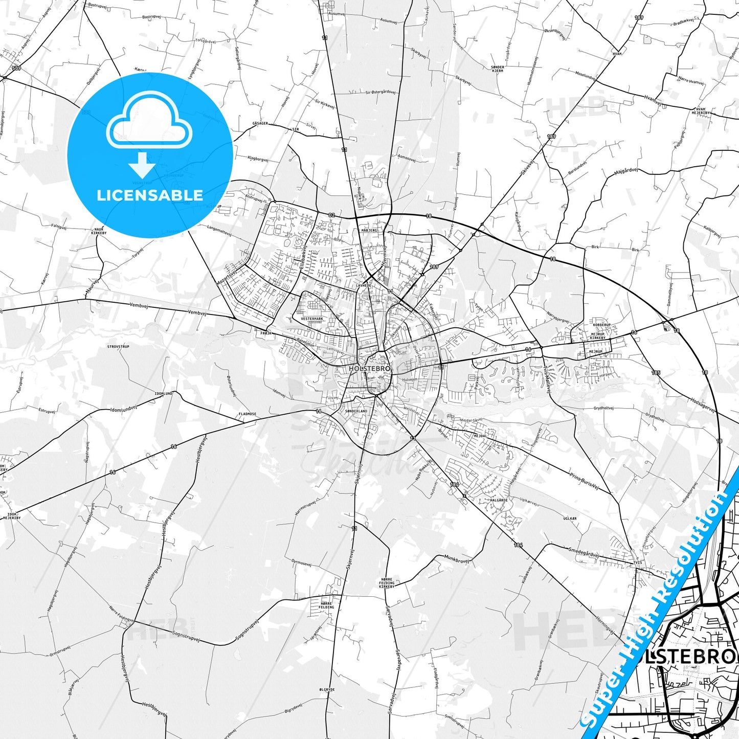 Holstebro, Denmark light map with streetnames, citynames and districts