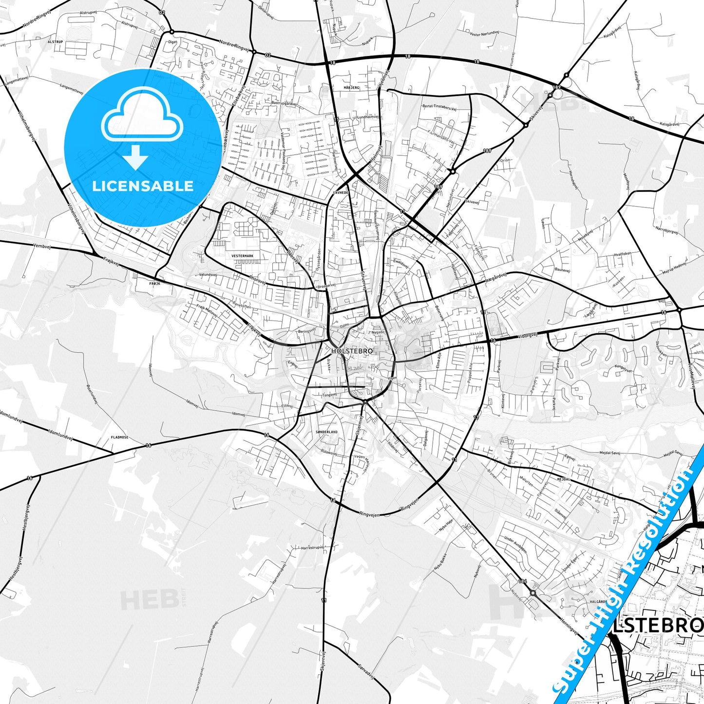 Holstebro, Denmark Light Map with Street Names, City Names, and Districts