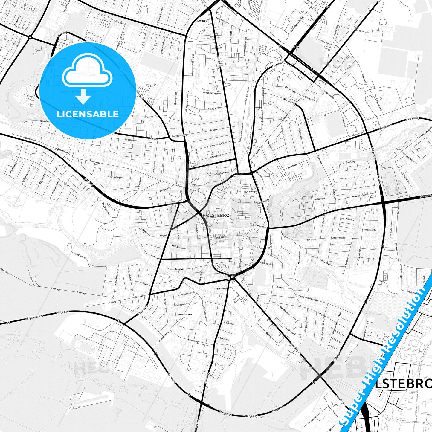 Holstebro, Denmark Light Map with Street Names, City Names, and Districts