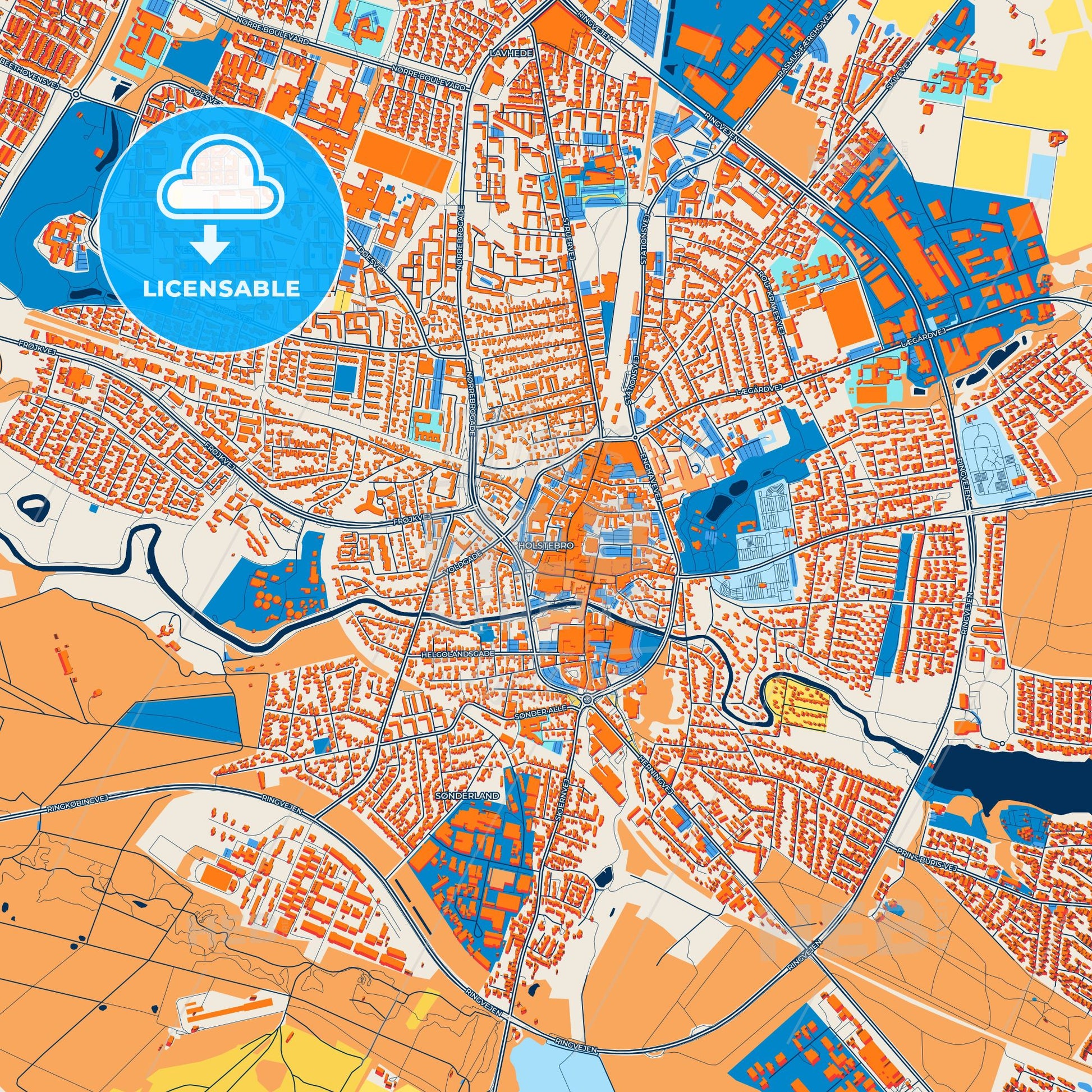 Colorful Holstebro Street Map with Labels and Buildings