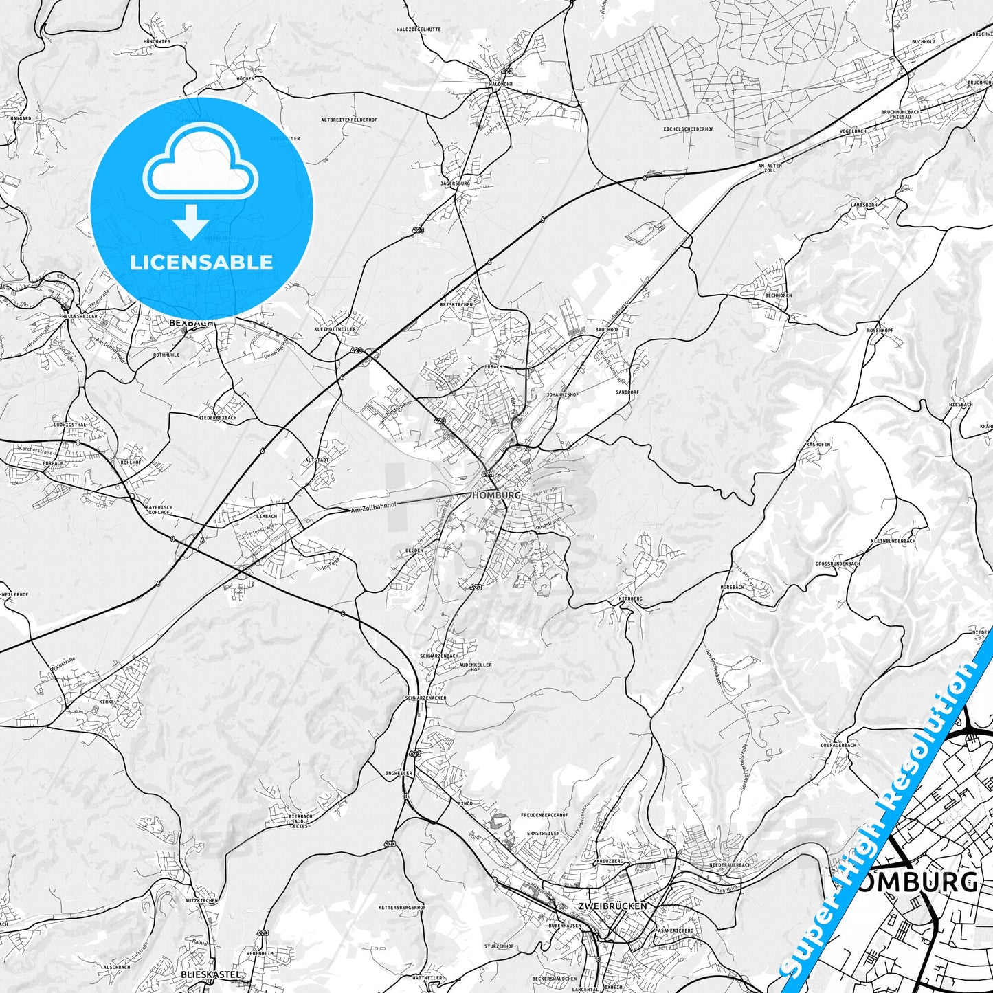 Homburg, Germany light map with streetnames, citynames and districts