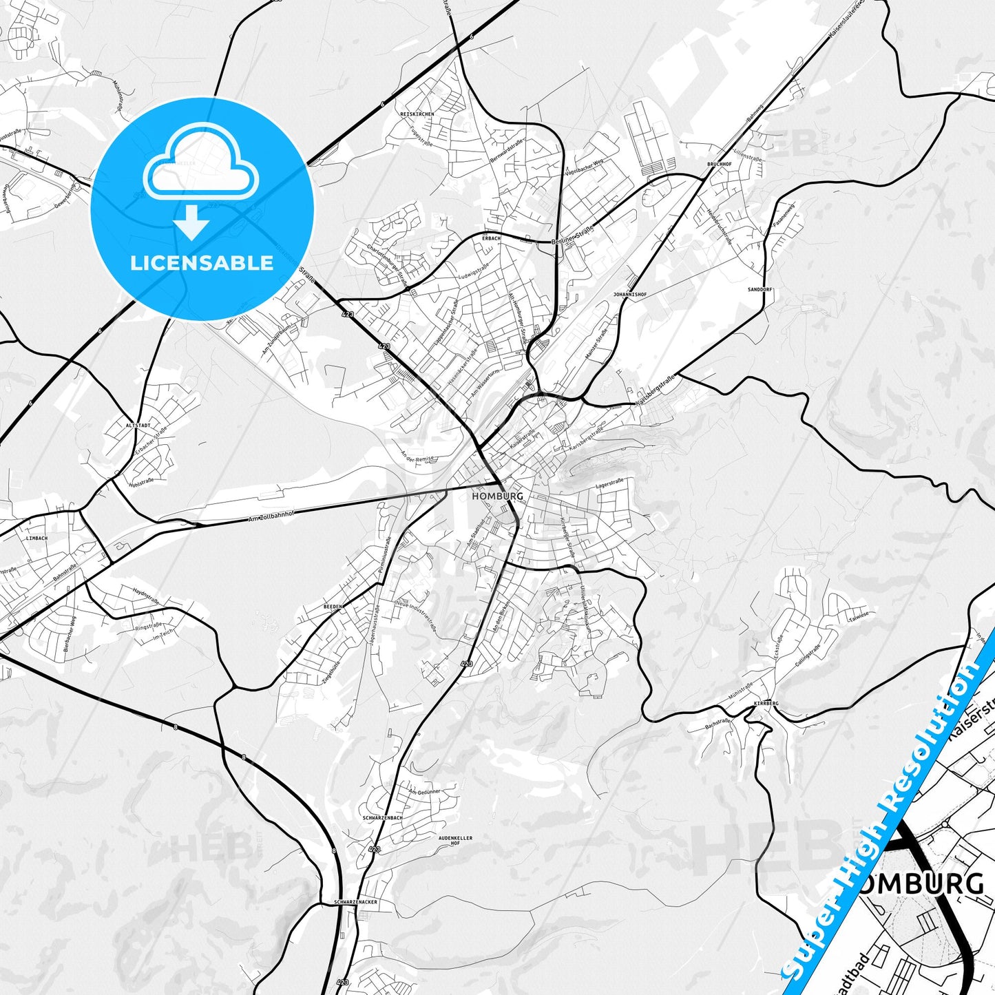 Homburg, Germany Light Map with Street Names, City Names, and Districts