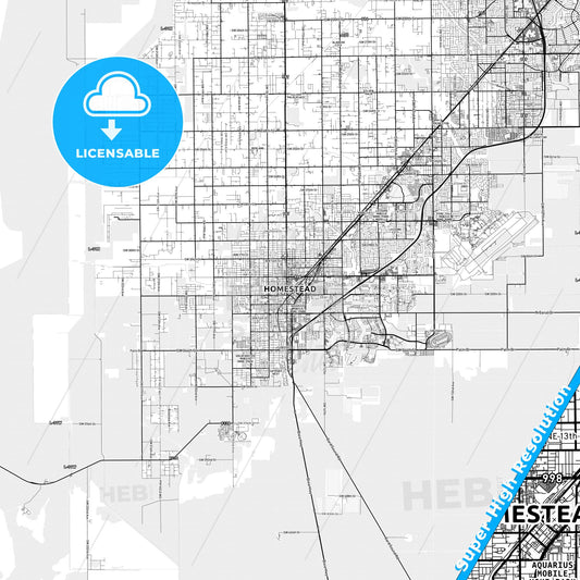 Homestead, Florida light map with streetnames, citynames and districts