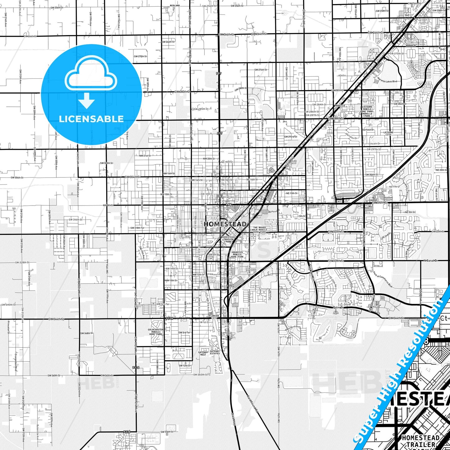 Homestead, Florida Light Map with Street Names, City Names, and Districts