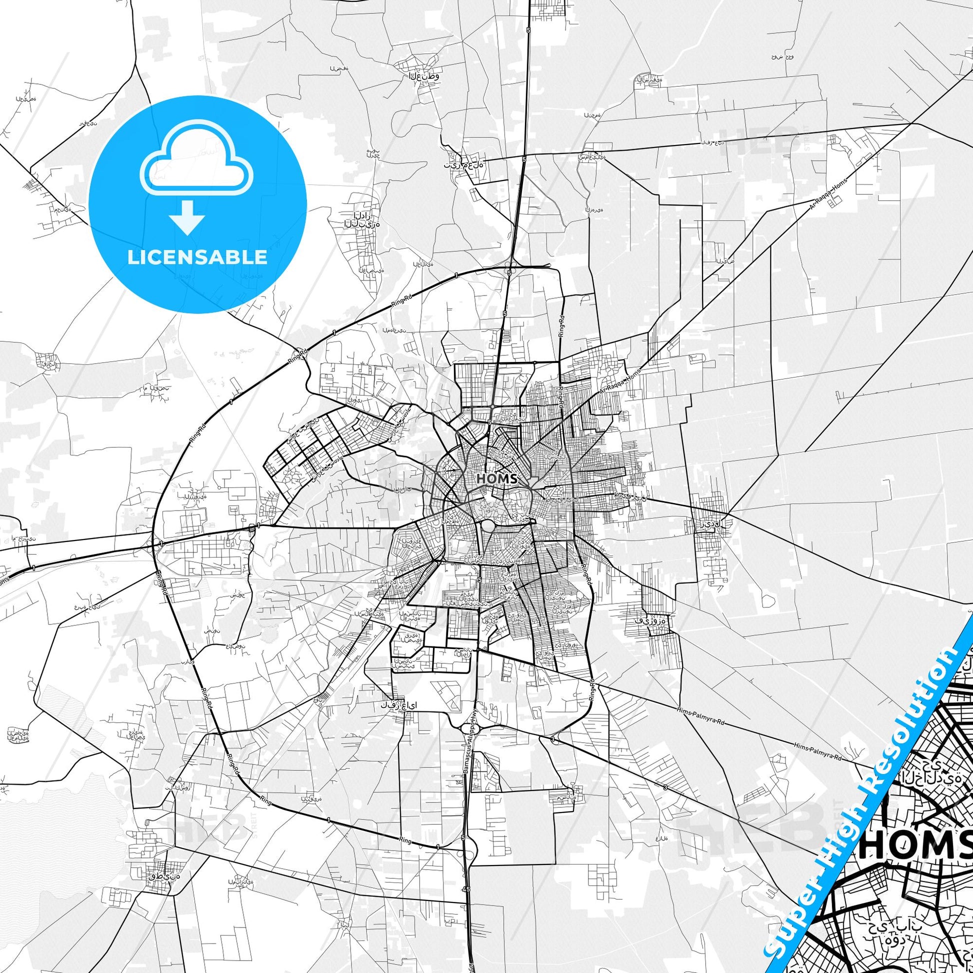 Homs, Syria light map with streetnames, citynames and districts