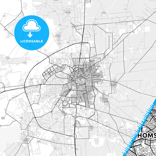 Homs, Syria light map with streetnames, citynames and districts