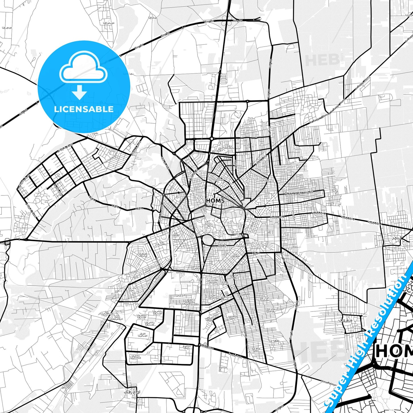 Homs, Syria Light Map with Street Names, City Names, and Districts