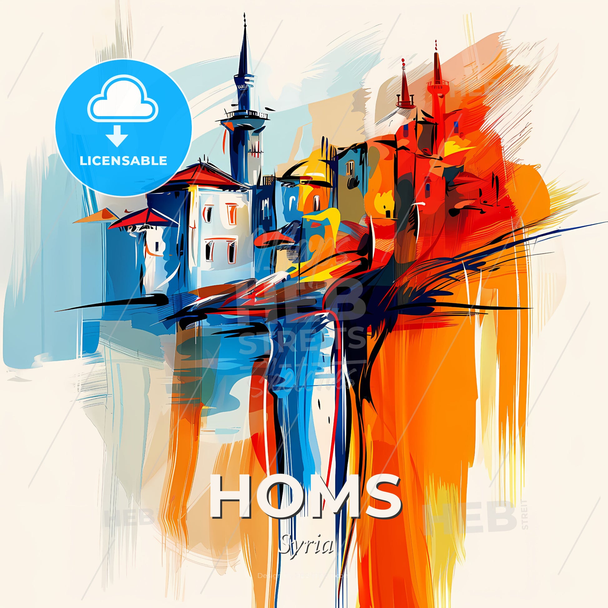 Vibrant Homs, Syria - A Colorful Painting Of Buildings - Square format print template
