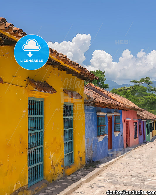 Honduras, North America - Colorful Buildings Artwork, Vibrant Painting, Honduras Art, Central American Architecture