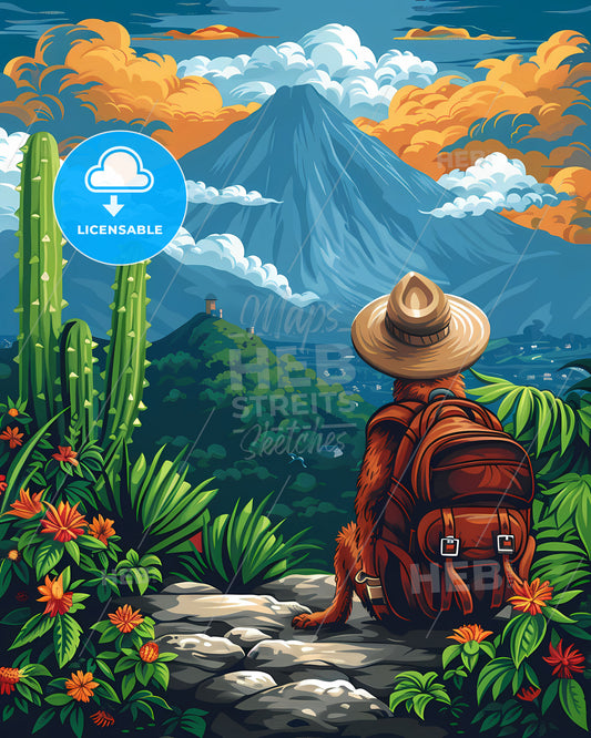 Cartoon Monkey Wearing Hat Backpack Sitting Rock Tropical Honduras Travel Art Illustration Painting