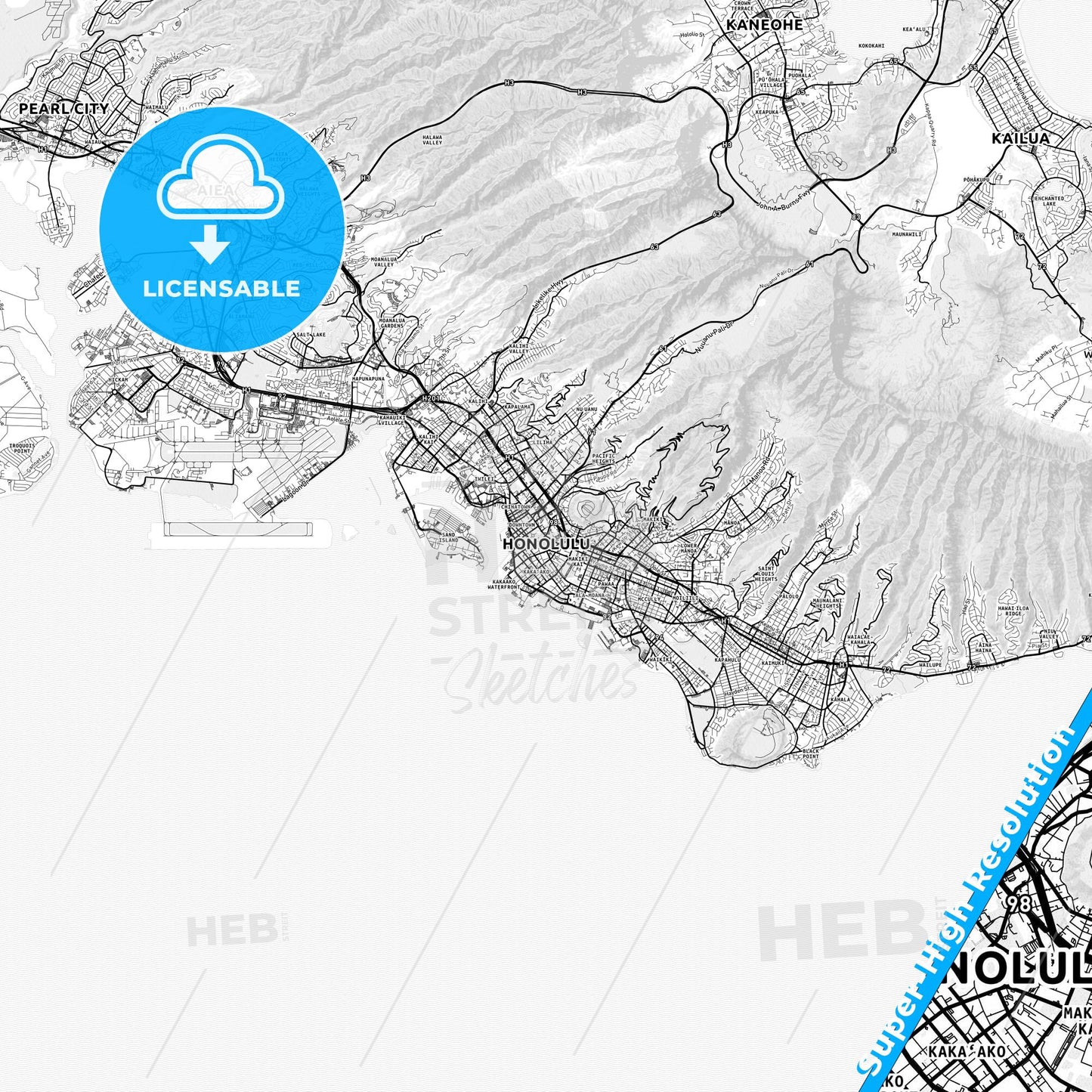 Honolulu, Hawaii light map with streetnames, citynames and districts